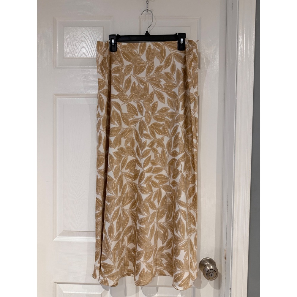 LOFT Leaf Print Midi Skirt Tan White Tropical Vacation Neutral Beach Boho Casual